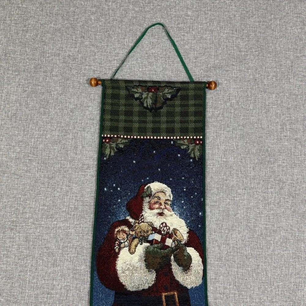 VTG American Weavers Santa Wall Hanging Decor Green Red Woven Tapestry 1998